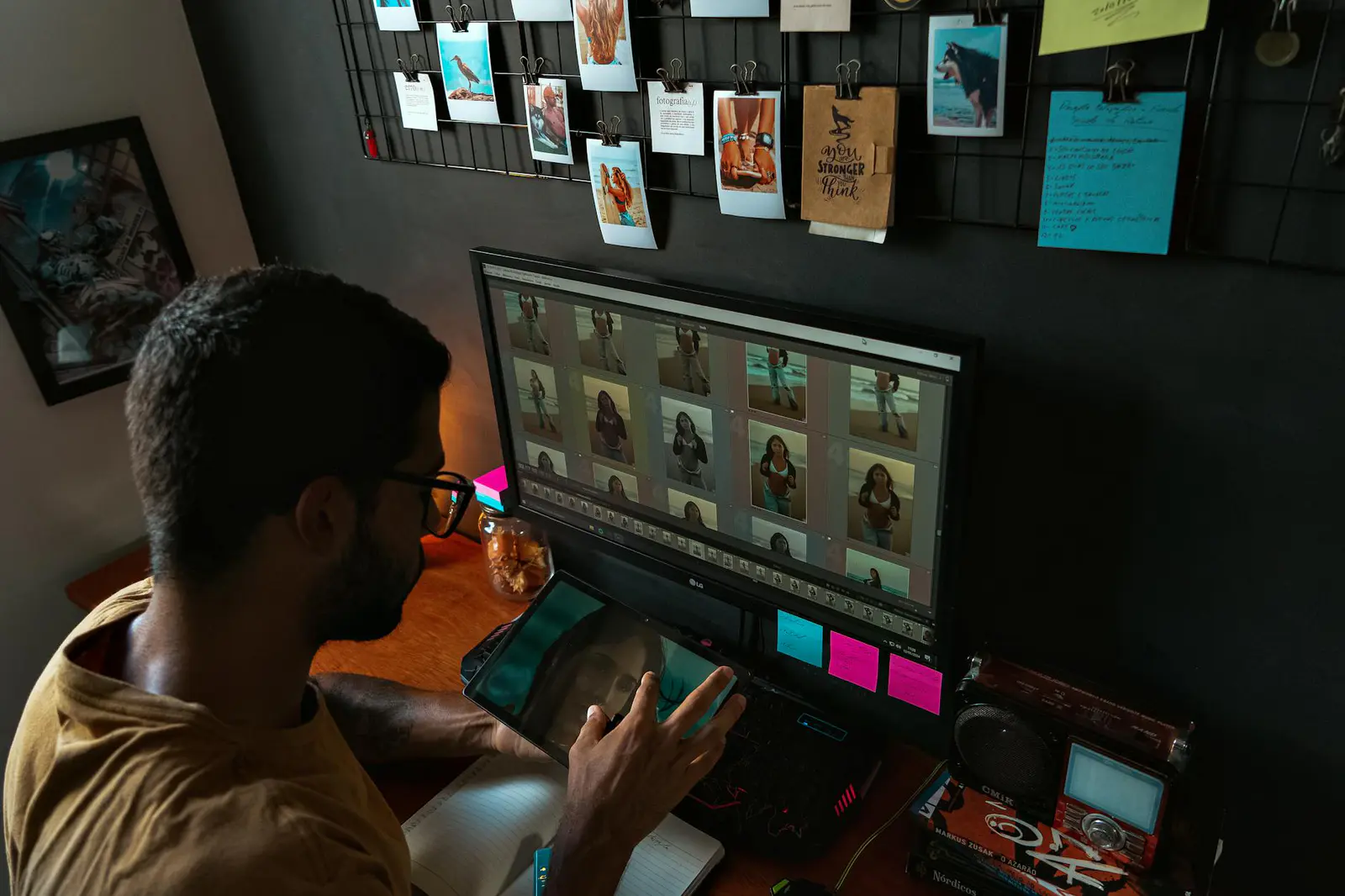 Reviewing photos on a monitor
